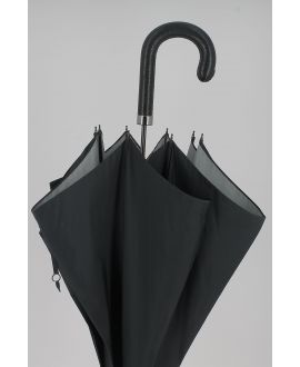 Parapluie Homme, Noir, intérieur gris, poignée cuir noir dévissable