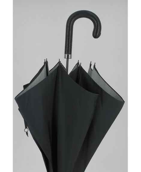 Parapluie Homme, Noir, intérieur gris, poignée cuir noir dévissable