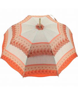 Natural linen Sun umbrella, waterproofed, orange lace, internal lining satin. Unscrewable knob