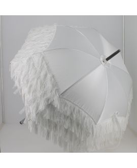 White satin Sun umbrella with fringes. Ebony wood shaft. Handle covered with Ostrich