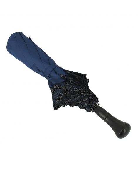 Folding umbrella for Lady, Blue with black lace, ebony knob