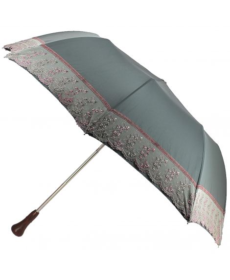 Parapluie pliant Dame, kaki avec dentelles motifs floraux tons rose, poignée pink ivory