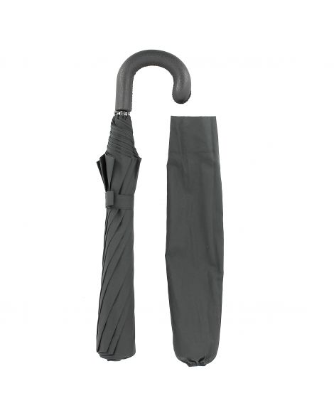 Folding umbrella for man, Grey cloth, leather handle