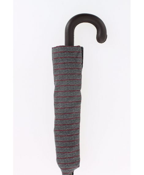 Parapluie pliant Homme, gris chiné rayures bordeaux , poignée cuir marron