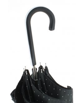 Parapluie motifs à pois, poignée cuir bicolore noir et blanc