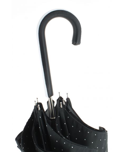 Parapluie motifs à pois, poignée cuir bicolore noir et blanc