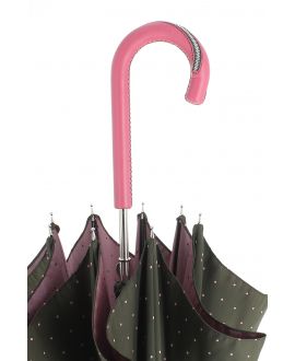 Parapluie motifs à pois, poignée cuir rose avec zip