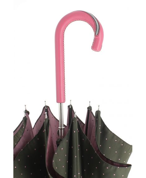 Parapluie motifs à pois, poignée cuir rose avec zip