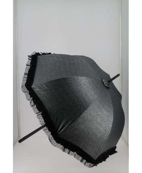 Tweed grey cotton Sun umbrella. Ebony wood shaft. Handle covered with black Shagreen