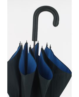 Parapluie Homme, Noir, intérieur bleu, poignée cuir noir dévissable