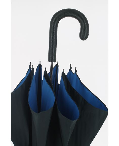 Black Umbrella for Man,blue inside cloth, crook covered handle with black leather,  metal shaft